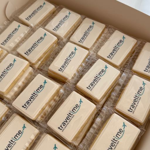 Rectangle shapes shortbread cookies with branded edible logo on top